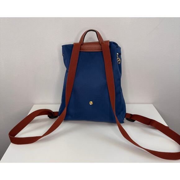 LONGCHAMP Le Pliage Backpack Navy Brown Snap Button Top Handle Adjustable FRANCE - Picture 3 of 12